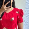 women red cotton embroidery middi gown