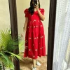 women red cotton embroidery middi gown