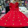 women red cotton embroidery middi gown