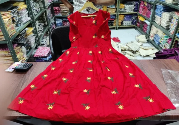 women red cotton embroidery middi gown
