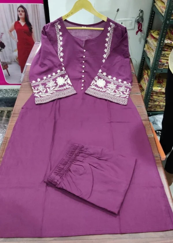 women cotton white front embroidery kurta pant set (copy) women cotton wine pakistani kurta palazzo set