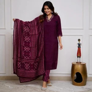 women festive special cotton magenta dupatta set