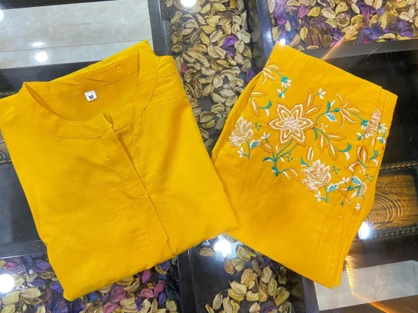 women yellow embroidery co ord set