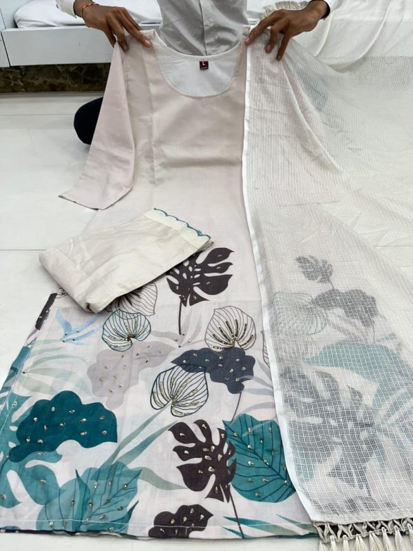 women cotton linen white dupatta set