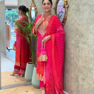 hot pink heavy embroidered straight dupatta set