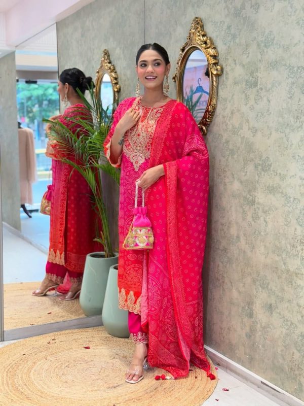 hot pink heavy embroidered straight dupatta set