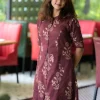women cotton brownish maroon kurta pant set