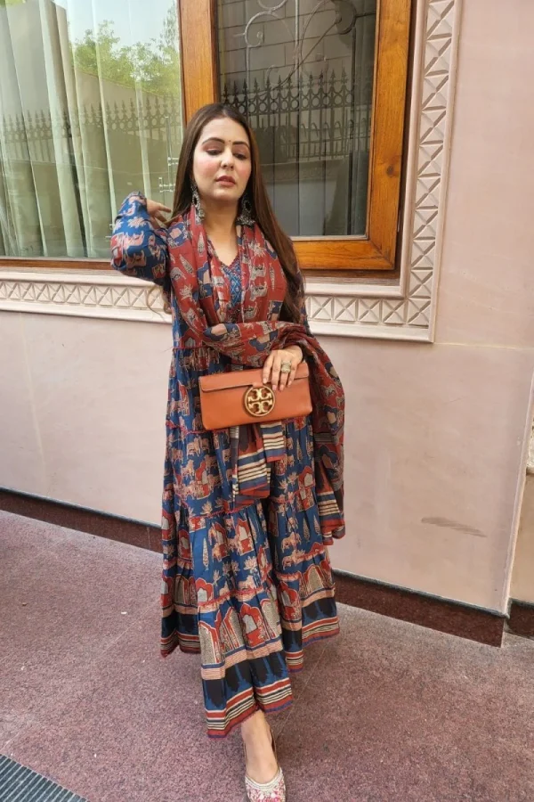 blue anarkali with angrakha style dupatta set