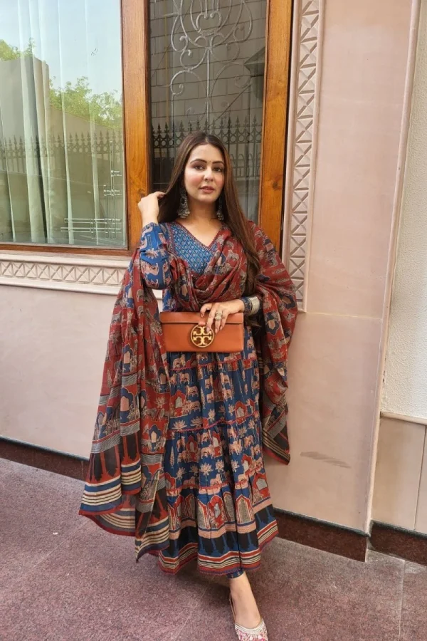 blue anarkali with angrakha style dupatta set