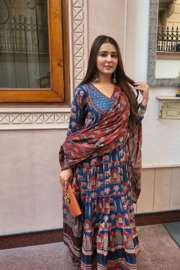 blue anarkali with angrakha style dupatta set