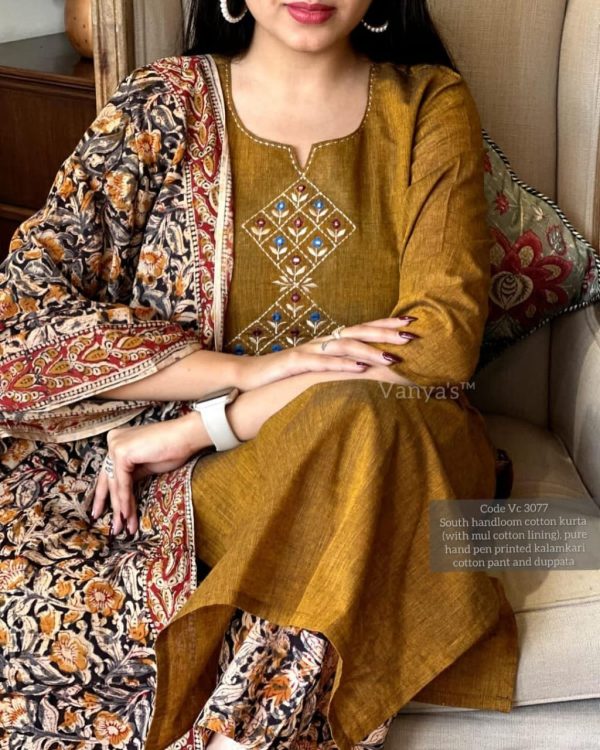 pure handloom south cotton hand printed chitrkari dupatta set