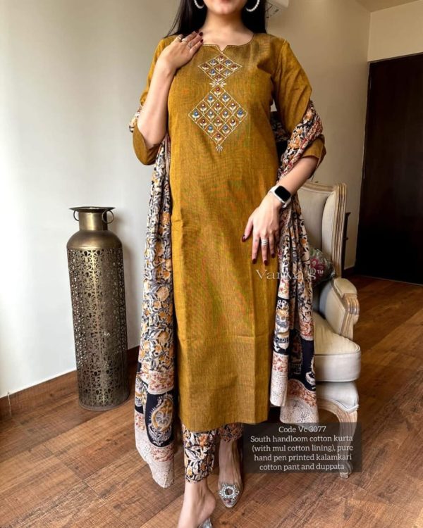 pure handloom south cotton hand printed chitrkari dupatta set