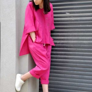premium fuchsia linen pants outfit wide pants & shirt tunic top 2 piece set for women