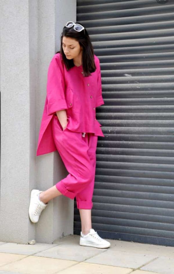 premium fuchsia linen pants outfit wide pants & shirt tunic top 2 piece set for women