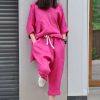 premium fuchsia linen pants outfit wide pants & shirt tunic top 2 piece set for women