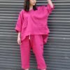 premium fuchsia linen pants outfit wide pants & shirt tunic top 2 piece set for women
