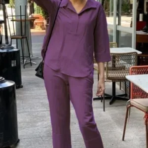 premium fuchsia linen pants outfit wide pants & shirt tunic top 2 piece set for women (copy)