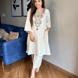 women cotton embroidery off white kurta set