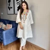 women cotton embroidery off white kurta set