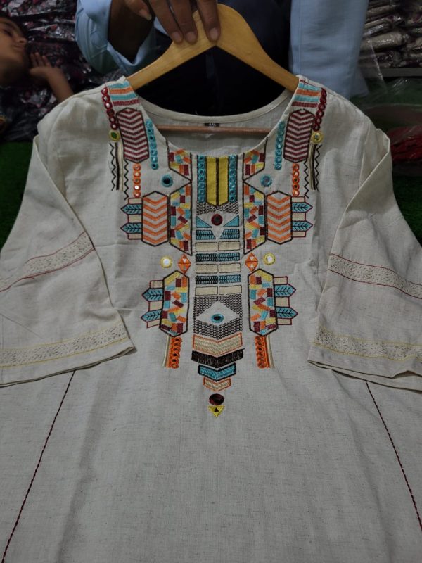 women cotton embroidery off white kurta set