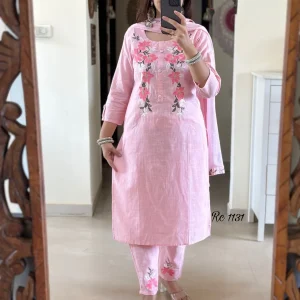 women cotton embroidery off white kurta set (copy)