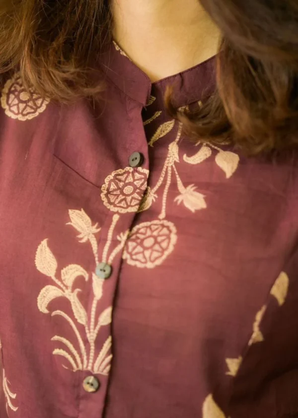 women cotton brownish maroon kurta pant set