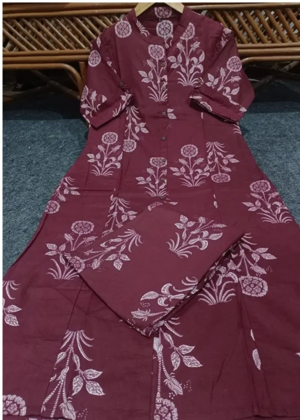 women cotton brownish maroon kurta pant set