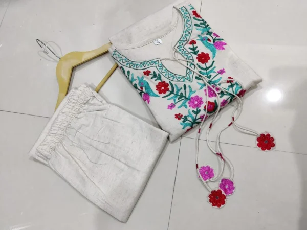 women cotton white front embroidery kurta pant set