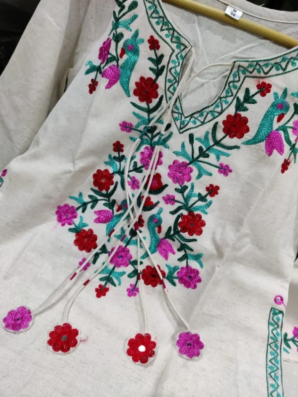 women cotton white front embroidery kurta pant set