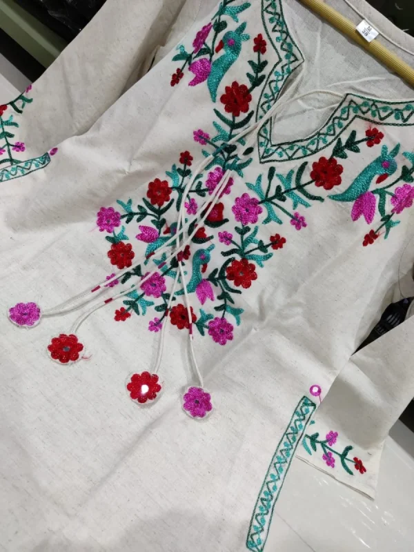 women cotton white front embroidery kurta pant set