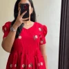 women red cotton embroidery middi gown