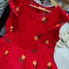 women red cotton embroidery middi gown