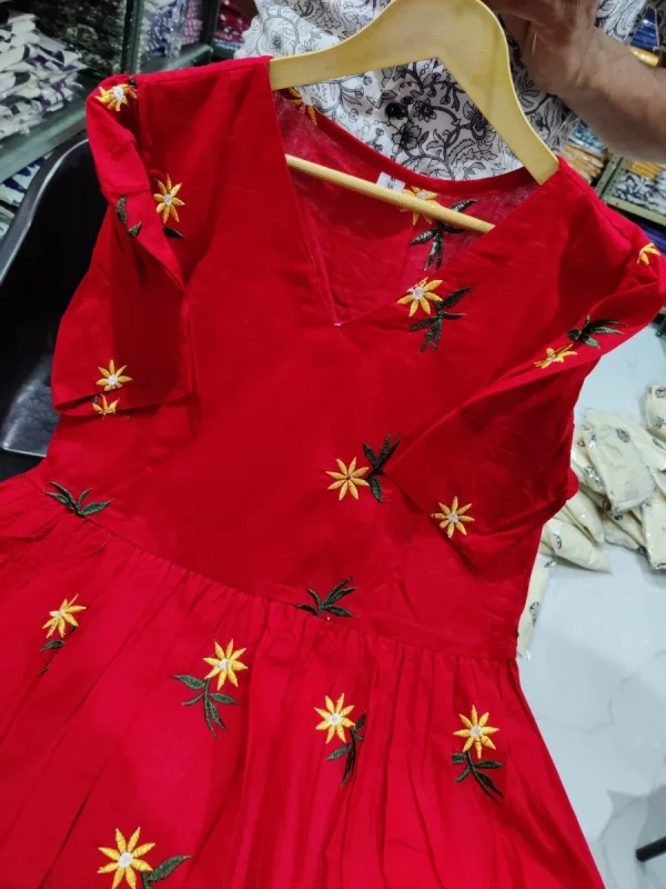 women red cotton embroidery middi gown