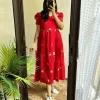 women red cotton embroidery middi gown