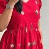 women red cotton embroidery middi gown