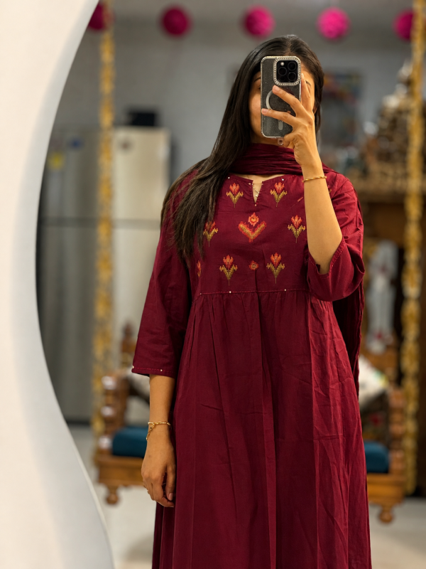 elegant wine embroidered suit set