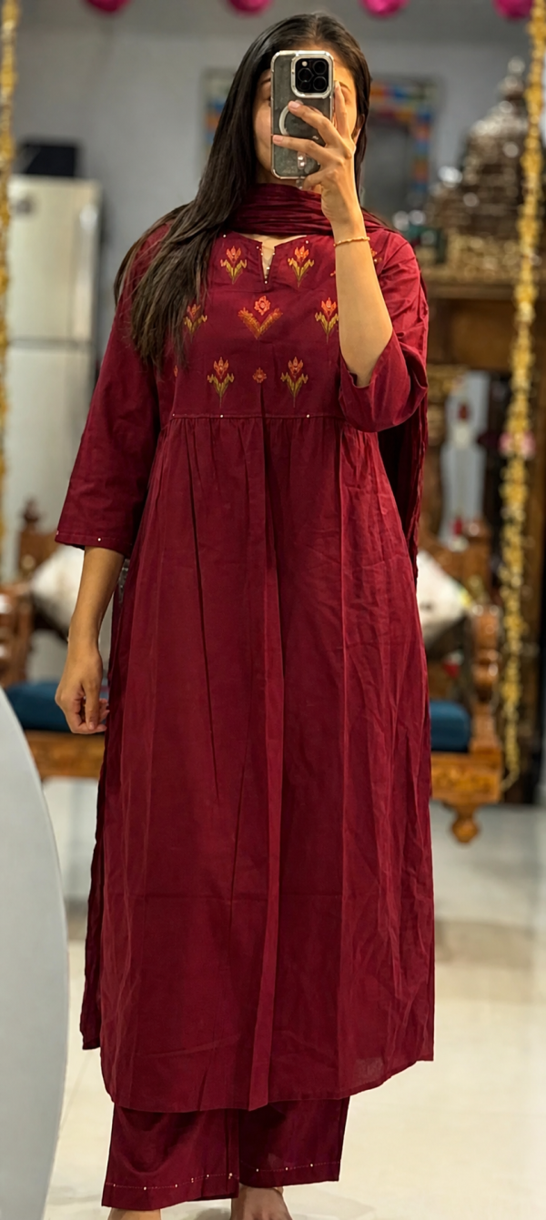 elegant wine embroidered suit set