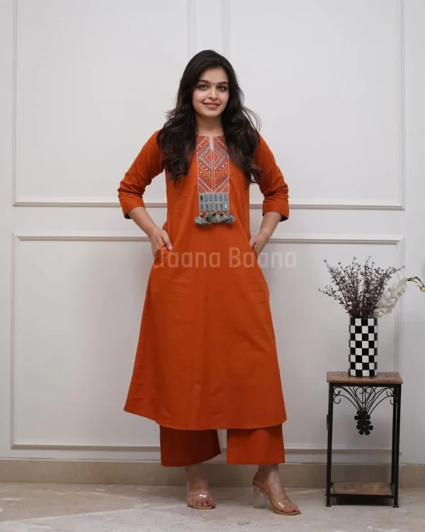 zariya rust embroidered kurta set