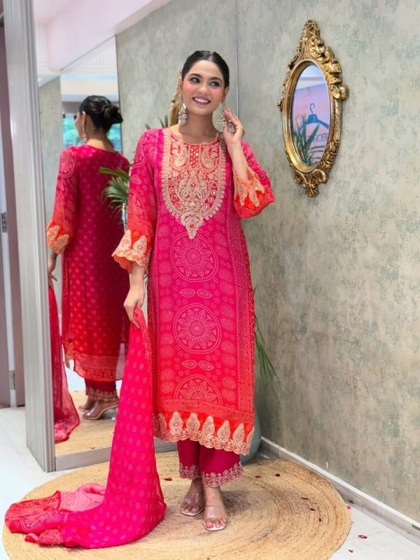 hot pink heavy embroidered straight dupatta set