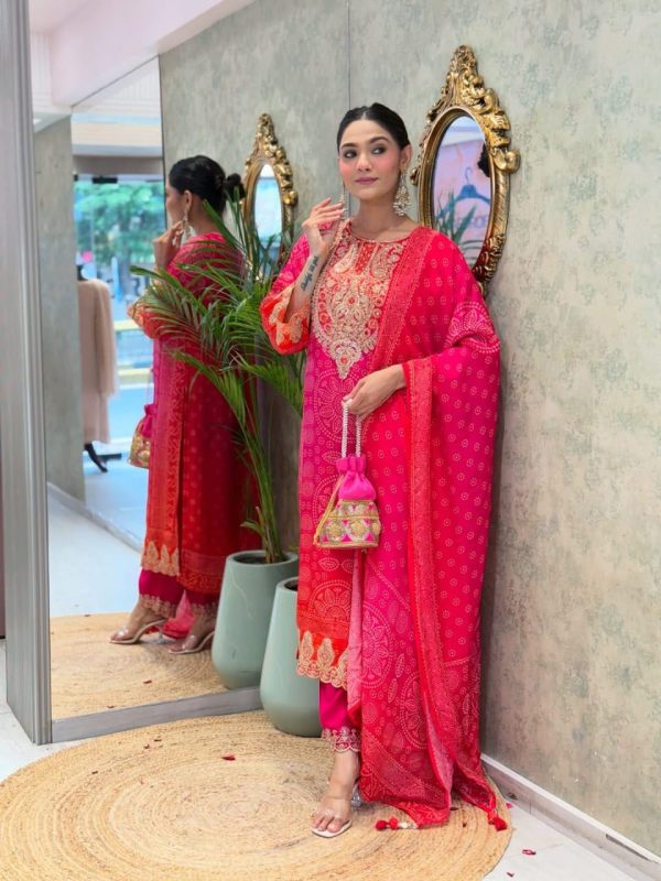 hot pink heavy embroidered straight dupatta set