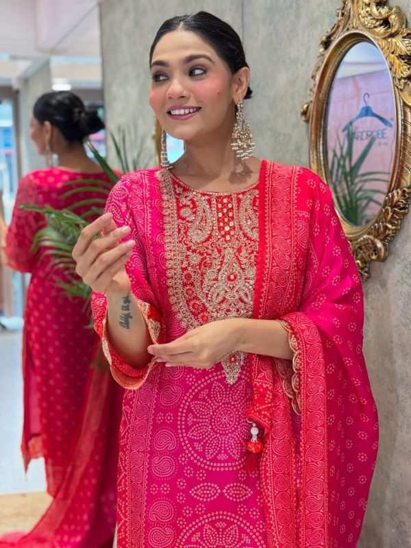 hot pink heavy embroidered straight dupatta set