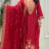 red embroidered straight cut salwar dupatta set