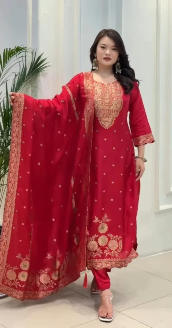 red embroidered straight cut salwar dupatta set