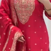 red embroidered straight cut salwar dupatta set