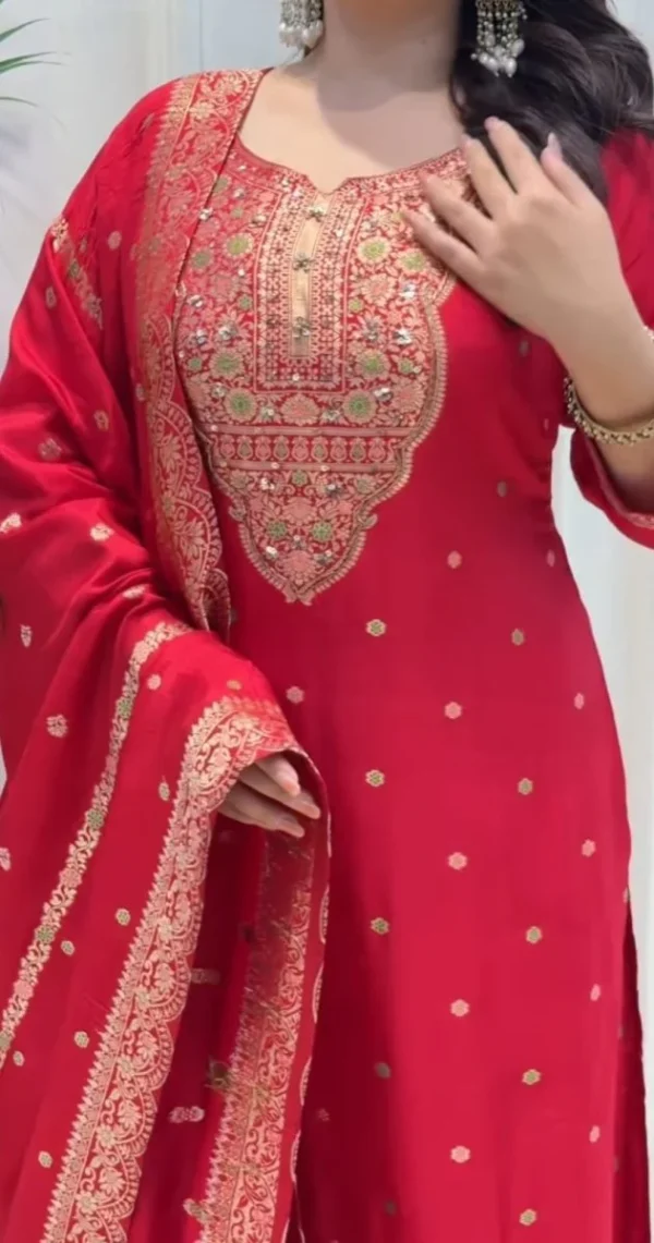 red embroidered straight cut salwar dupatta set