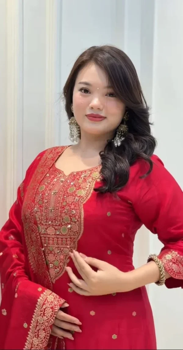 red embroidered straight cut salwar dupatta set