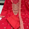 red embroidered straight cut salwar dupatta set
