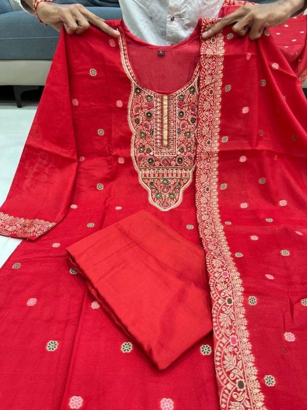 red embroidered straight cut salwar dupatta set