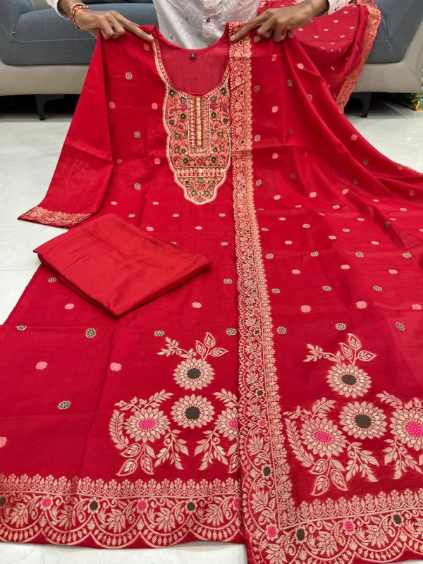 red embroidered straight cut salwar dupatta set