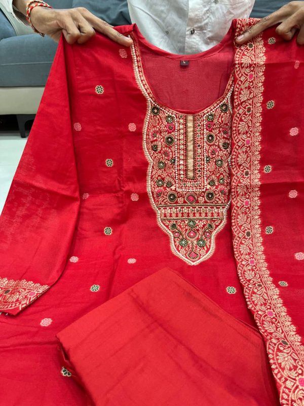 red embroidered straight cut salwar dupatta set